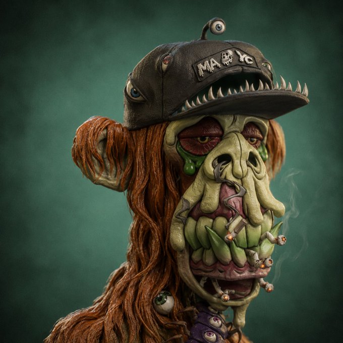 A detailed digital illustration of a grotesque, zombie-like monkey character wearing a spiked 'MAFIA' cap and smoking cigarettes, set against a dark green background.