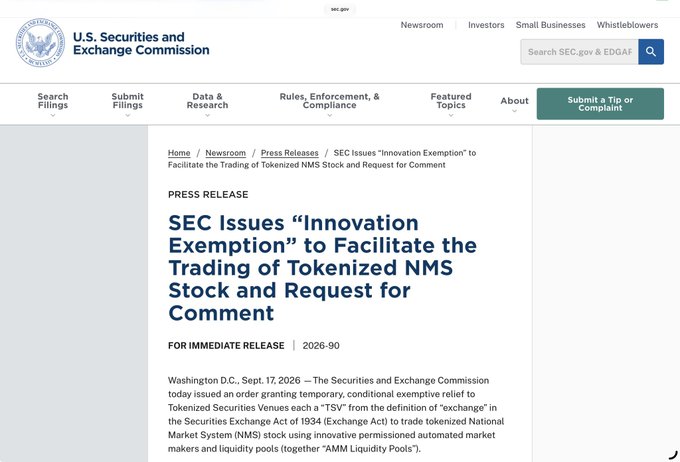 A screenshot of an official press release webpage from the U.S. Securities and Exchange Commission (SEC.gov) titled 'SEC Issues "Innovation Exemption" to Facilitate the Trading of Tokenized NMS Stock and Request for Comment,' dated September 17, 2026.