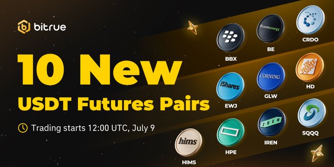 Bitrue announces the listing of 10 new USDT perpetual futures pairs (BBX, BE, CRDO, EWJ, GLW, HD, HIMS, HPE, IREN, and SQQQ) with up to 20x leverage, launching at 12:00 UTC on July 9, as shown in the promotional graphic.