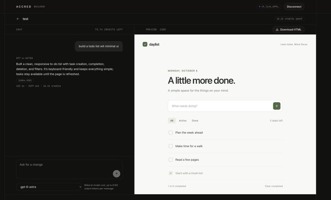 A screenshot of the v0 builder interface showing an 'ACCREO' project with a chat prompt on the left to build a clean, responsive to-do list, and a preview of the resulting 'daylist' app on the right.