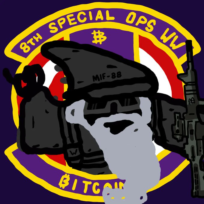 The illustration depicts a hooded wizard character with a long gray beard, wearing a black beret labeled "MIF-88" and dark sunglasses, holding a rifle, set against a circular emblem reading "8TH SPECIAL OPS WIZ" and "BITCOIN." The image ties into the Bitcoin Wizards NFT collection by portraying Wizard #230 with a militarized "Special Ops" theme, matching the post's reference to the curated wizard of the day.