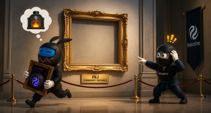 A 3D-rendered scene featuring a masked character running away with a framed 'INJ' picture while a security guard points in alarm, with a 'COMMUNITY BUYBACK' plaque and an Injective banner visible in a museum-like setting.