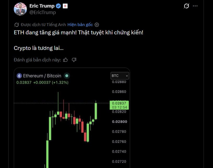 A tweet from Eric Trump (@EricTrump) in Vietnamese stating "ETH đang tăng giá mạnh! Thật tuyệt khi chứng kiến! Crypto là tương lai..." with an attached Ethereum/Bitcoin price chart.