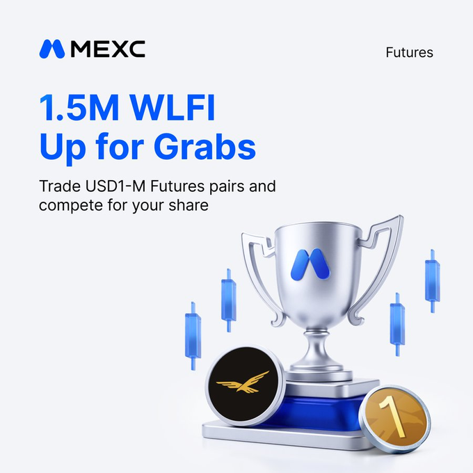 A MEXC Futures promotional graphic reading '1.5M WLFI Up for Grabs' with the subtitle 'Trade USD1-M Futures pairs and compete for your share', featuring a silver trophy with the MEXC logo, candlestick charts, and WLFI/coin tokens.