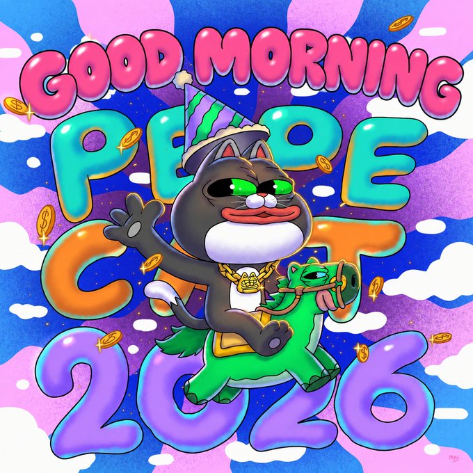 A vibrant pop art illustration with the text 'GOOD MORNING PEOPLE CAT 2026' featuring a cat in a party hat riding a green horse and holding a champagne bottle.