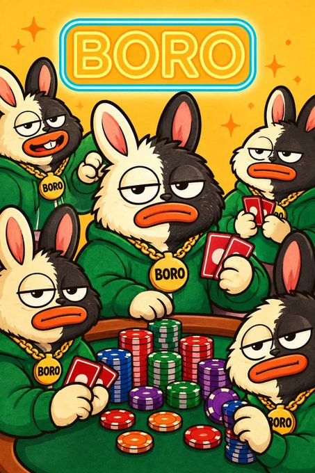 The image is a cartoon-style illustration featuring five "BORO" branded duck/bird characters wearing green hoodies, gold chains with "BORO" medallions, and playing cards while gathered around a poker table stacked with colorful casino chips. A neon "BORO" sign glows at the top, fitting the meme-style airdrop promotion offering 1,000 $BORO tokens to the first 3,000 wallets who complete the engagement steps.