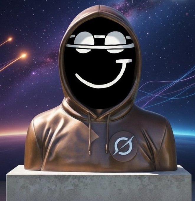 A 3D-rendered bronze statue bust of a hooded figure with a black smiling emoji face, wearing a medallion with the Stellar (XLM) cryptocurrency logo against a starry space background.