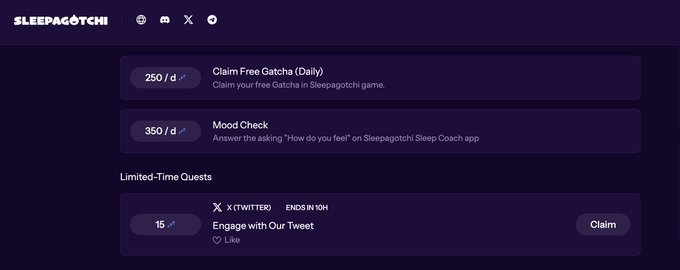 The image shows a Sleepagotchi rewards hub interface displaying daily quests like "Claim Free Gatcha" worth 250/d and "Mood Check" worth 350/d, along with a limited-time Twitter quest offering 15 points for liking a tweet that ends in 10H. This visual supports the post by showcasing the variety of available tasks—from gatcha claims and mood check-ins to social media engagement—rather than being a single quest.