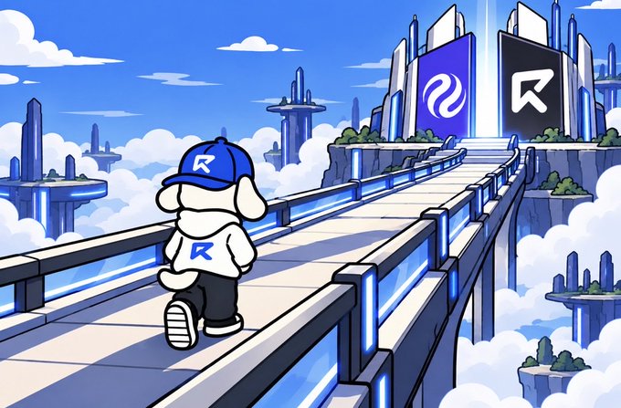 A cartoon dog character wearing a cap and shirt branded with the letter "R" walks along a glowing futuristic bridge toward two large "R" logos set among floating islands in the clouds, symbolizing the final steps to secure a whitelist spot before the public launch.