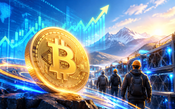 A large golden Bitcoin coin stands on a rocky peak, with blue financial charts overlaid on a background of snow-capped mountains and figures looking toward a rising sun.