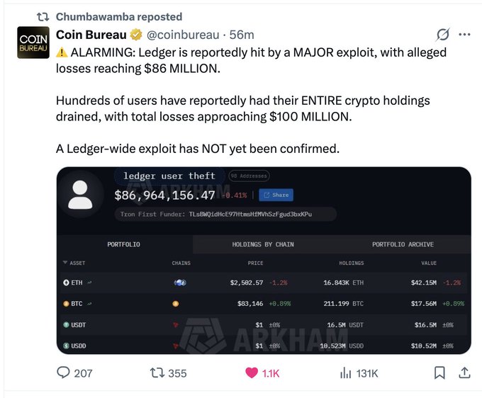 Reposted tweet from Coin Bureau (@coinbureau) reporting an ALARMING major exploit allegedly hitting Ledger with $86 MILLION in losses and total losses approaching $100 MILLION, noting a Ledger-wide exploit has NOT been confirmed.