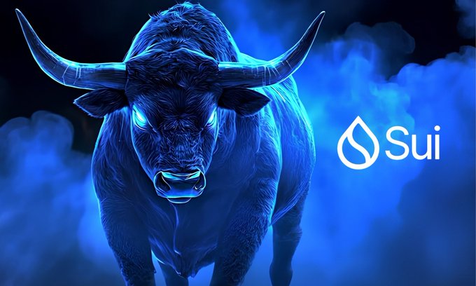 A glowing blue bull with menacing eyes stands against a smoky background next to the "Sui" cryptocurrency logo.