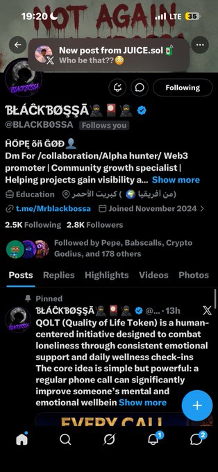 An X/Twitter profile page for 'BLACKBOSSÄ' (@Mrblackbossa), a Web3 promoter and community growth specialist with 2.5K followers, featuring a pinned post about QOLT (Quality of Life Token).