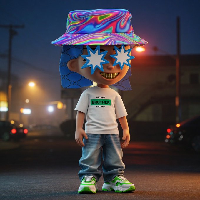 The image features a 3D rendering of a cartoon character, likely a boy or a child, wearing a hat with a rainbow design and sunglasses. The character has blue eyes and is standing on a street at night. There are also two cars visible in the background, one parked behind the other. The post that accompanies this image encourages people to buy more Sui shoes and convert them into $PEEKA currency.