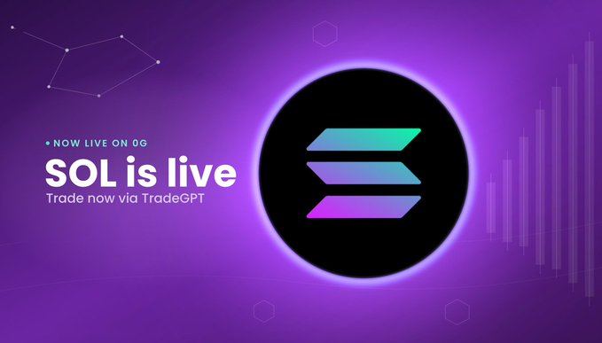 The image features a vibrant purple background with a white logo depicting the color of Solana's cryptocurrency logo - a combination of blue and green elements. Beneath the logo, there is a piece of text that reads "Sol is live now on 0G. Trade one of crypto' s most active assets by prompt through @zia_finance, the natural language DEX native to our chain." This post emphasizes the functionality and ease of trading for users who choose to utilize Solana's cryptocurrency.