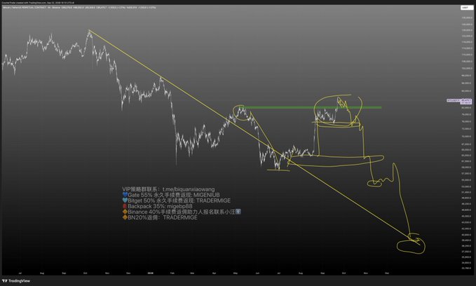 A TradingView chart screenshot displaying technical analysis with yellow trend lines, circled patterns, and Chinese text annotations about VIP trading group contact 't.me/biquanxiaowang'.