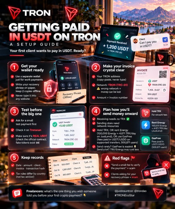 An infographic titled 'GETTING PAID IN USDT ON TRON' providing a setup guide for receiving USDT payments, with sections covering wallet setup, invoicing, testing, network fees, record-keeping, and red flags.