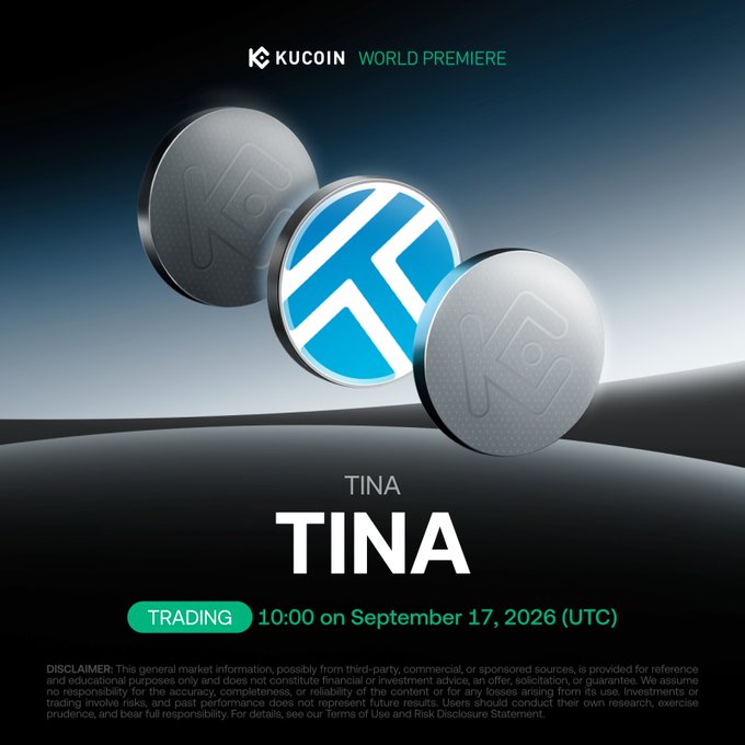 KuCoin announces the world premiere listing of TINA, a Geo-DePIN cryptocurrency, with trading set to begin at 10:00 UTC on September 17, 2026, alongside promotional imagery of the TINA coin logo.