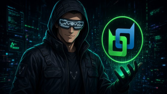 Stylized illustration of a hooded figure wearing digital VR-style goggles, holding a glowing green and blue token logo resembling the SUI symbol against a cyberpunk cityscape background.