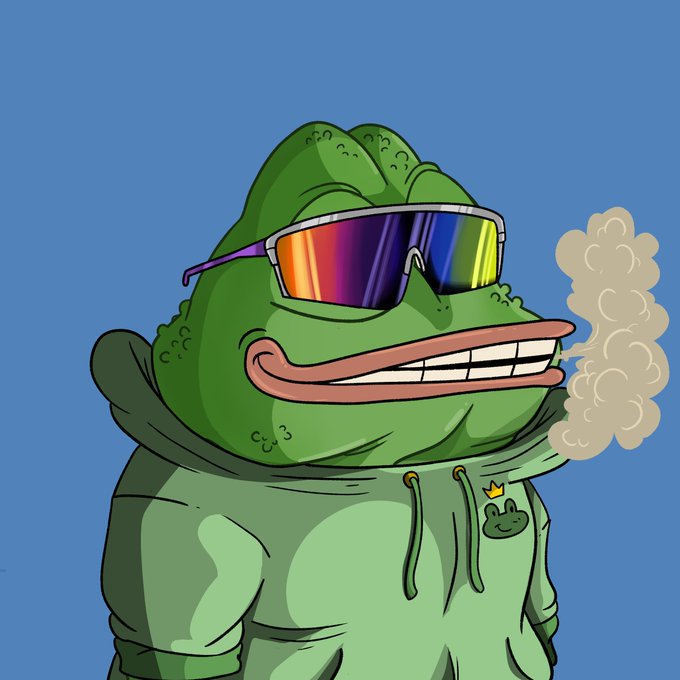 A cartoon Pepe the Frog wears a green hoodie and reflective rainbow sunglasses while exhaling a puff of smoke, fitting a post joking about minting the NFT for less than the price of a coffee.
