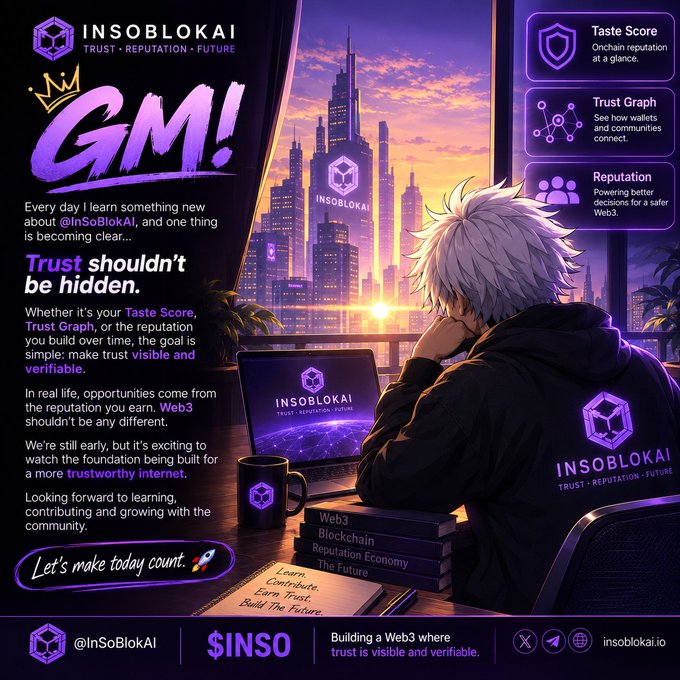 A promotional graphic for InSoBlokAI featuring an anime-style character with white hair using a laptop, showcasing features like Taste Score, Trust Graph, and Reputation, with the tagline 'Trust shouldn't be hidden' and social handle @InSoBlokAI.