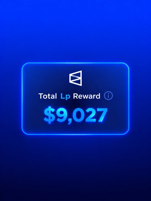 A glowing blue neon-style box on a dark blue background displays "Total Lp Reward $9,027" with a geometric logo above it.