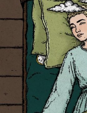 An illustrated drawing of a young person with closed eyes and short hair in a blue garment, set against a background of clouds and a waterfall, with a brown structure on the left side.