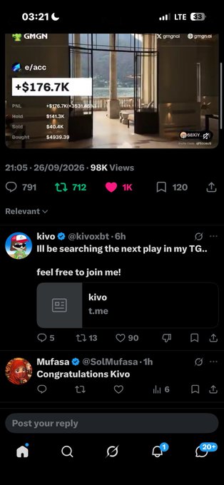 Twitter/X screenshot showing a GMGN trading post with +$176.7K gain on an e/acc token, followed by user 'kivo' (@kivoxbt) inviting others to his Telegram and 'Mufasa' (@SolMufasa) congratulating Kivo.