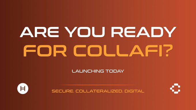 A red promotional graphic with text 'ARE YOU READY FOR COLLAFI?' and 'LAUNCHING TODAY' along with 'SECURE. COLLATERALIZED. DIGITAL.'