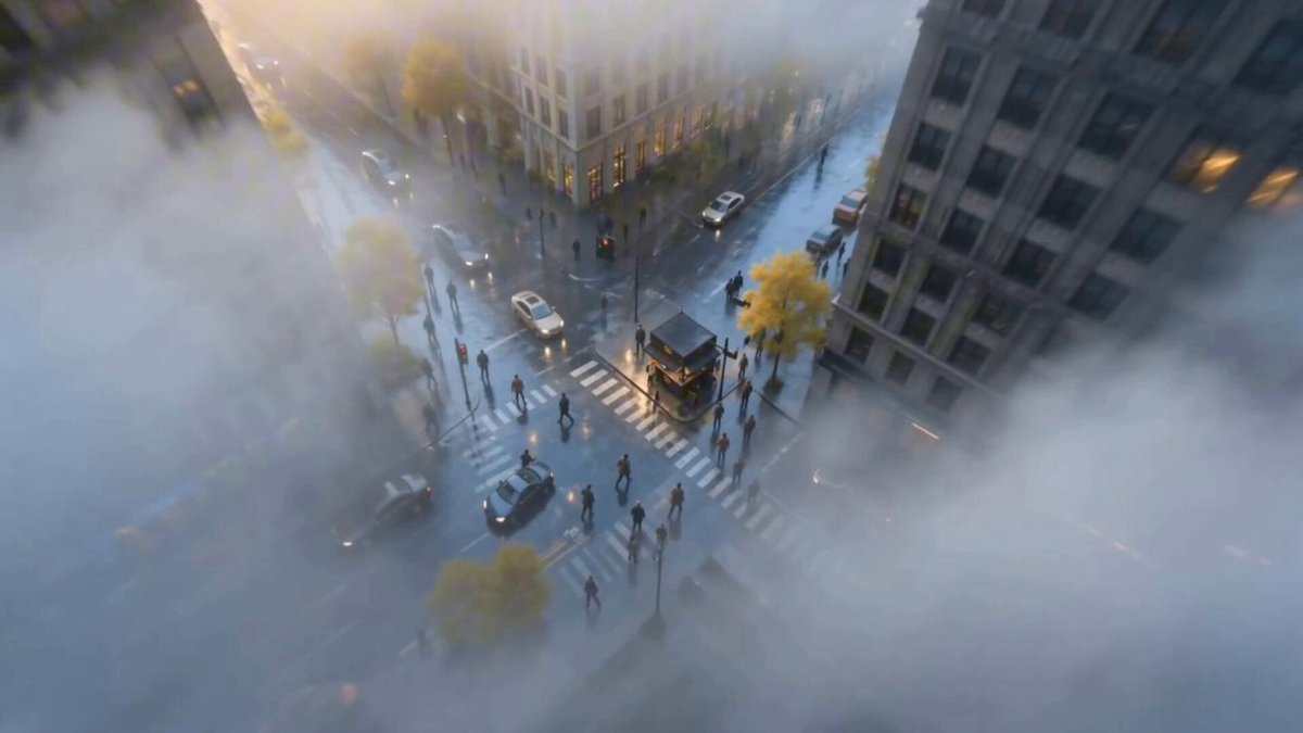 The image shows a city street scene with people walking across an intersection, surrounded by tall buildings under a foggy atmosphere. The sky above appears to be hazy, adding to the sense of mystery over the cityscape. There are also cars visible on the streets below, indicating that it is a busy urban area. The post emphasizes that this video was taken in early morning hours and is part of a series titled "Trade The World" with a focus on global markets as they break the trading boundaries for cash drops.