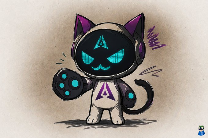 A cartoon illustration of a cat-like robot character with a digital screen face displaying a mischievous grin and an 'A' logo, holding what appears to be a game controller or paw device.
