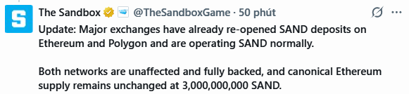 A tweet from The Sandbox (@TheSandboxGame) updating that major exchanges have re-opened SAND deposits on Ethereum and Polygon, with supply unchanged at 3,000,000,000 SAND.