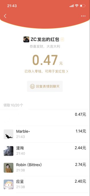 A screenshot of a Chinese digital red envelope (红包) transaction showing a 0.47 yuan amount from 'ZC', with a list of other users who claimed portions of the packet.