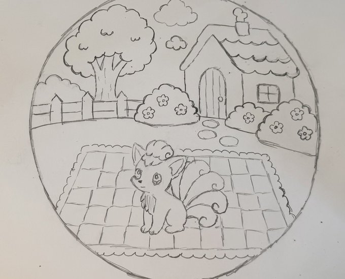 A pencil sketch inside a circle depicting a cute fox-like creature sitting on a quilted blanket in a garden with a house and trees in the background.