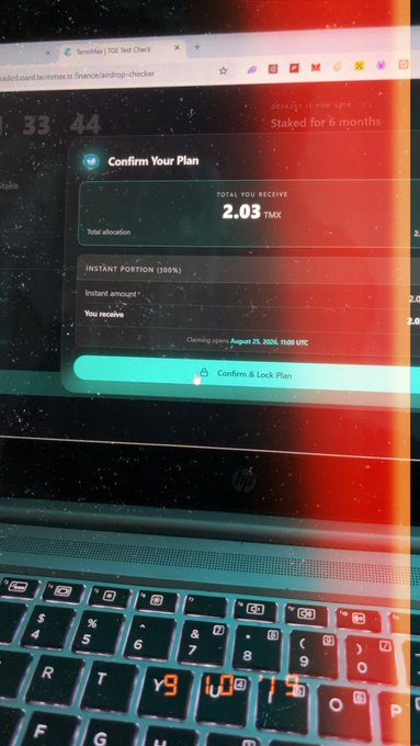 A laptop screen shows a TermMax Yield locker interface confirming a plan to receive 2.03 TMX total allocation, with 'Staked for 6 months' visible and a closing open date of August 25, 2026.