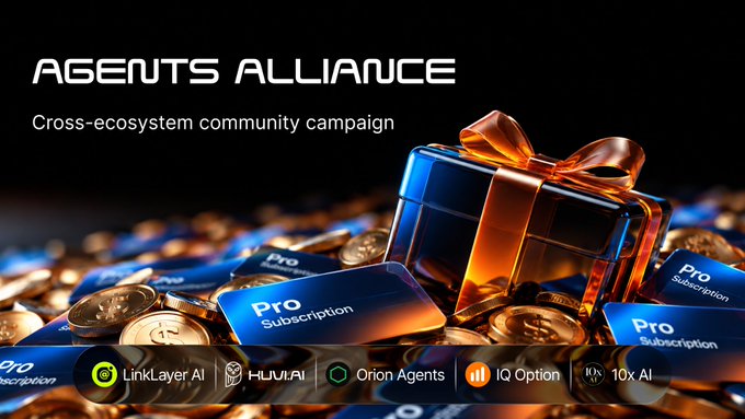 A promotional banner titled 'AGENTS ALLIANCE' for a 'Cross-ecosystem community campaign', featuring a gift box and 'Pro Subscription' cards, with partner logos including LinkLayer AI, HU.UI.AI, Orion Agents, IQ Option, and 10x AI.