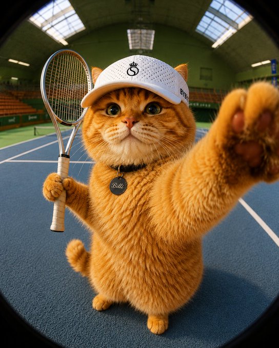 An AI-generated image of an orange cat wearing a white tennis cap, holding a tennis racket, and reaching toward the camera on a tennis court.