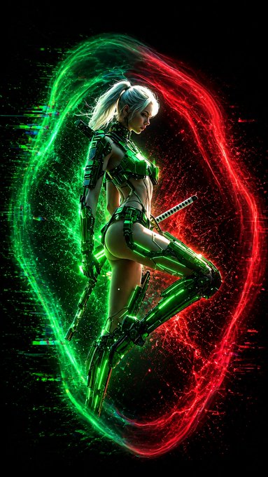 A digital illustration of a cyborg or futuristic female warrior with glowing green accents, surrounded by swirling red and green energy effects.
