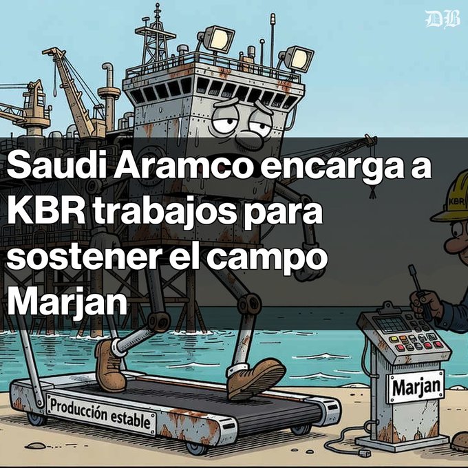 Cartoon illustration depicting a tired oil rig on a treadmill labeled "Producción estable" with Spanish text reading "Saudi Aramco encarga a KBR trabajos para sostener el campo Marjan".