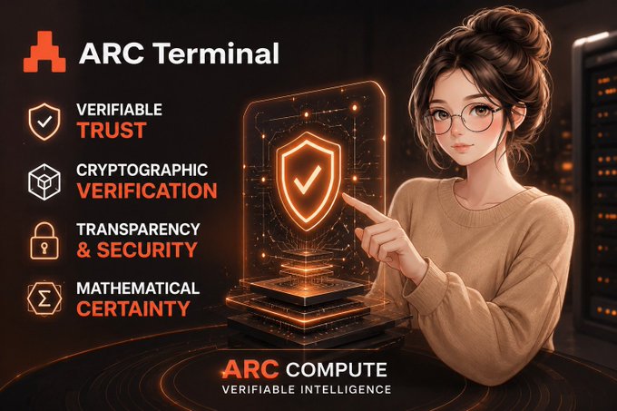 A promotional graphic for 'ARC Terminal' featuring an anime-style woman pointing to a shield icon, listing features like Verifiable Trust, Cryptographic Verification, Transparency & Security, and Mathematical Certainty.