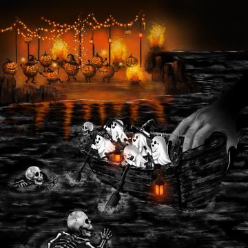 A Halloween-themed illustration showing jack-o'-lantern buckets on a cliff with fire, and ghosts rowing a boat with a lantern on dark water among floating skulls.