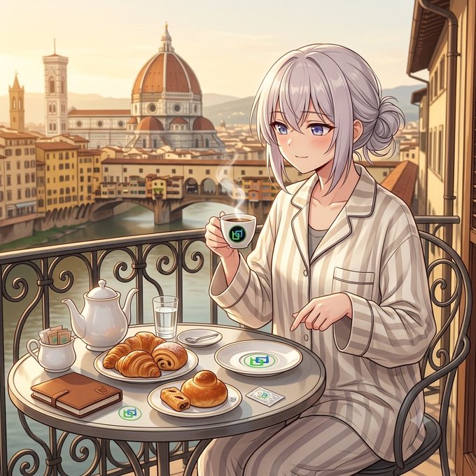 An anime-style illustration of a silver-haired girl in pajamas enjoying coffee and pastries on a balcony overlooking Florence, Italy, with the Duomo and Ponte Vecchio visible in the background.