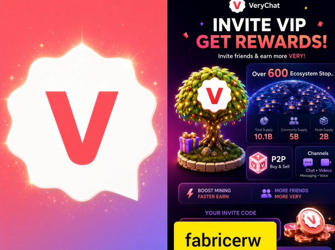 A promotional graphic for VeryChat featuring a large 'V' logo, an invitation offer to earn rewards, and a referral code 'fabricerw' displayed at the bottom.