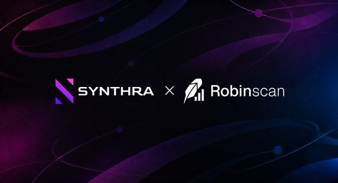 A dark purple and blue promotional graphic displays logos for 'SYNTHRA' and 'Robinscan' with an 'x' between them.