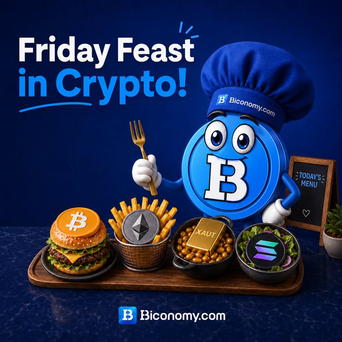 The image features a cartoon character, likely a chef or restaurant owner, holding a fork over a tray of food items such as hamburgers, fries, and pickles. The text "Friday Feast in Crypto!" is written above the character's head, indicating that this week's Friday feast will be centered around cryptocurrency. The post also includes a link to Biconomy.com for more information about Bitcoin and other cryptocurrencies.