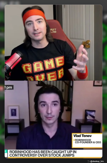 A split-screen video featuring a man in a 'Game Over' shirt talking with Vlad Tenev, Robinhood Co-Founder & CEO, with caption noting 'ROBINHOOD HAS BEEN CAUGHT UP IN CONTROVERSY OVER STOCK JUMPS.'