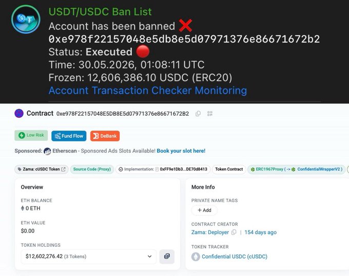 The image shows a screenshot from a website displaying text that appears to be related to the USDC cryptocurrency trading network, specifically about frozen Bitcoins. The main focus of the image, however, seems to be a "circle" or bubble containing Zama's confidential USDC contract information. This highlights how the website provides privacy protocols and information for users who may want to protect their financial transactions in the cryptocurrency market from unauthorized access by third parties.