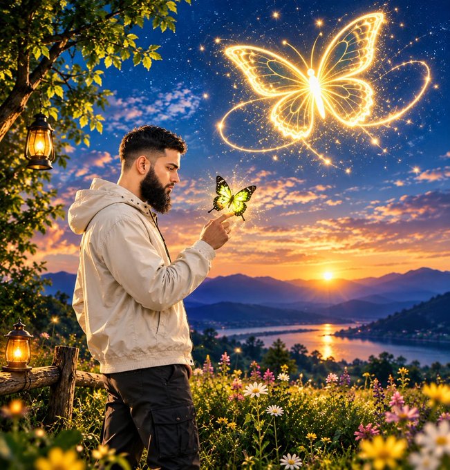 A bearded man in a cream hoodie stands in a vibrant flower-filled field at sunset, holding out his finger as a glowing green butterfly rests on it and a larger magical golden butterfly sparkles in the starry sky above.