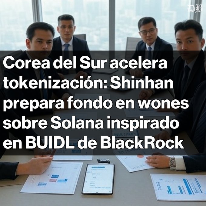 A news graphic with the headline 'Corea del Sur acelera tokenización: Shinhan prepara fondo en wones sobre Solana inspirado en BUIDL de BlackRock', overlaid on an image of businesspeople in a meeting reviewing documents and charts.