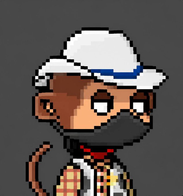 A pixel art illustration of a cartoon monkey character wearing a white baseball cap, a black face mask, and a red and yellow plaid shirt, set against a gray background.